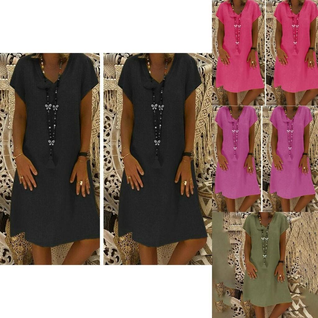 Stylish Summer Women's Short Sleeves V-neck Tunic Midi Dress For Plus Size Fashion