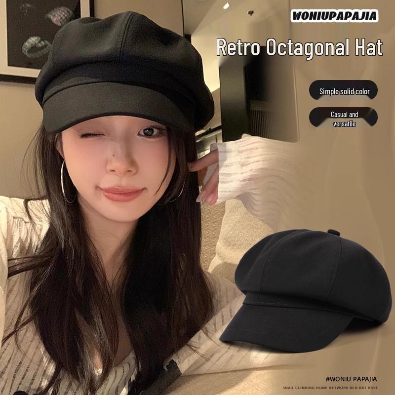 Women's British Style Octagonal Beret: Versatile Wool Painter Hat for Large Head, Slims Face, Duckbill Newsboy Cap for Autumn & Winter.