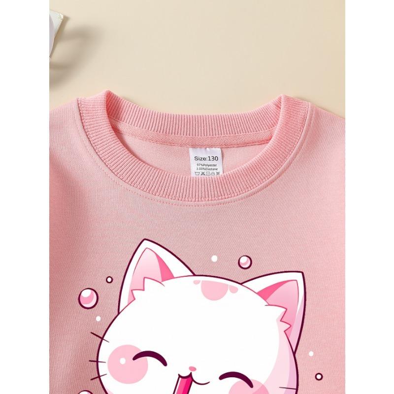 European Sizes Kids Sweatshirts, Girls' Autumn Winter Cute Cat Pink Bubble Tea Print Long Sleeve Round Neck Sweatshirt, Casual Daily Wear.