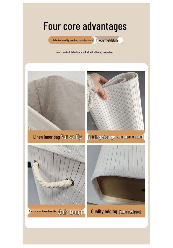 Large Bamboo Fabric Laundry Hamper with Lid - Foldable Bedroom Storage Basket