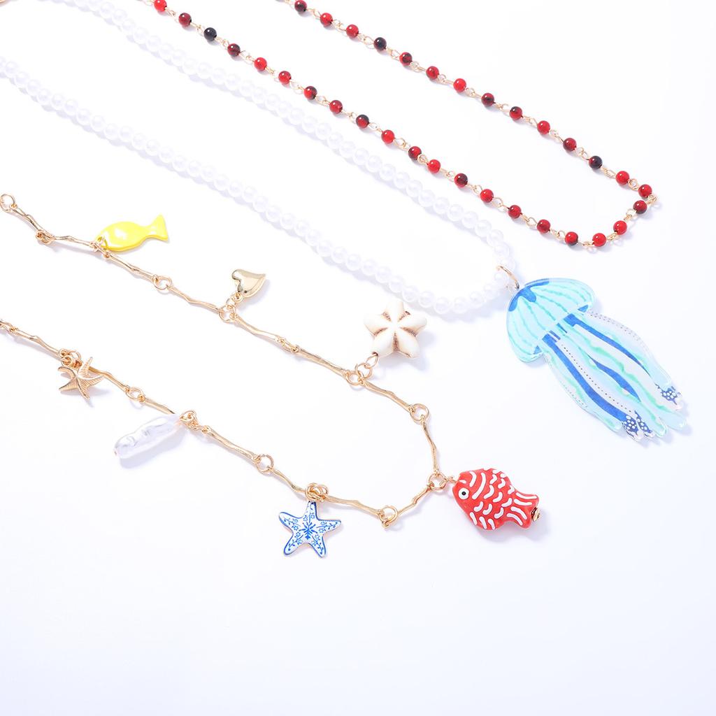 Fresh summer marine life acrylic jellyfish pendant multi-layered wearing beaded necklace vacation travel women