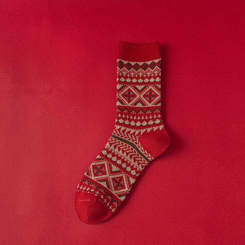 Fair Island Red Socks Women S Wool Big Red Socks Natal Year Red Socks Double Needle Double Way Medium Tube Women S Socks One size fits all