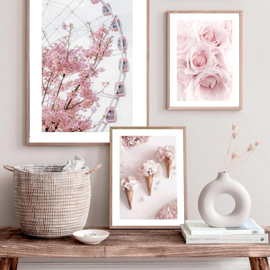 Rosa Garten Rose Tulpe Sakura Fahrrad Riesenrad Wand Leinwand MalereiKunst Nordic Poster Und Druck Bilder Für Wohnzimmer Dekor