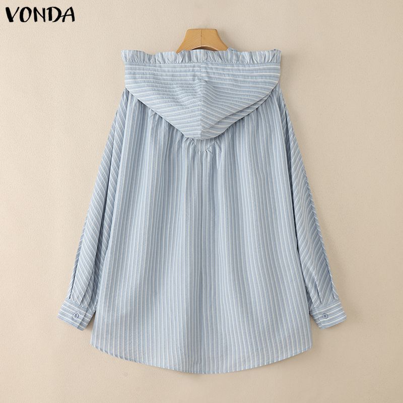 VONDA Oversized Women Casual Long Sleeve Striped Loose Hooded Shirts Blouse