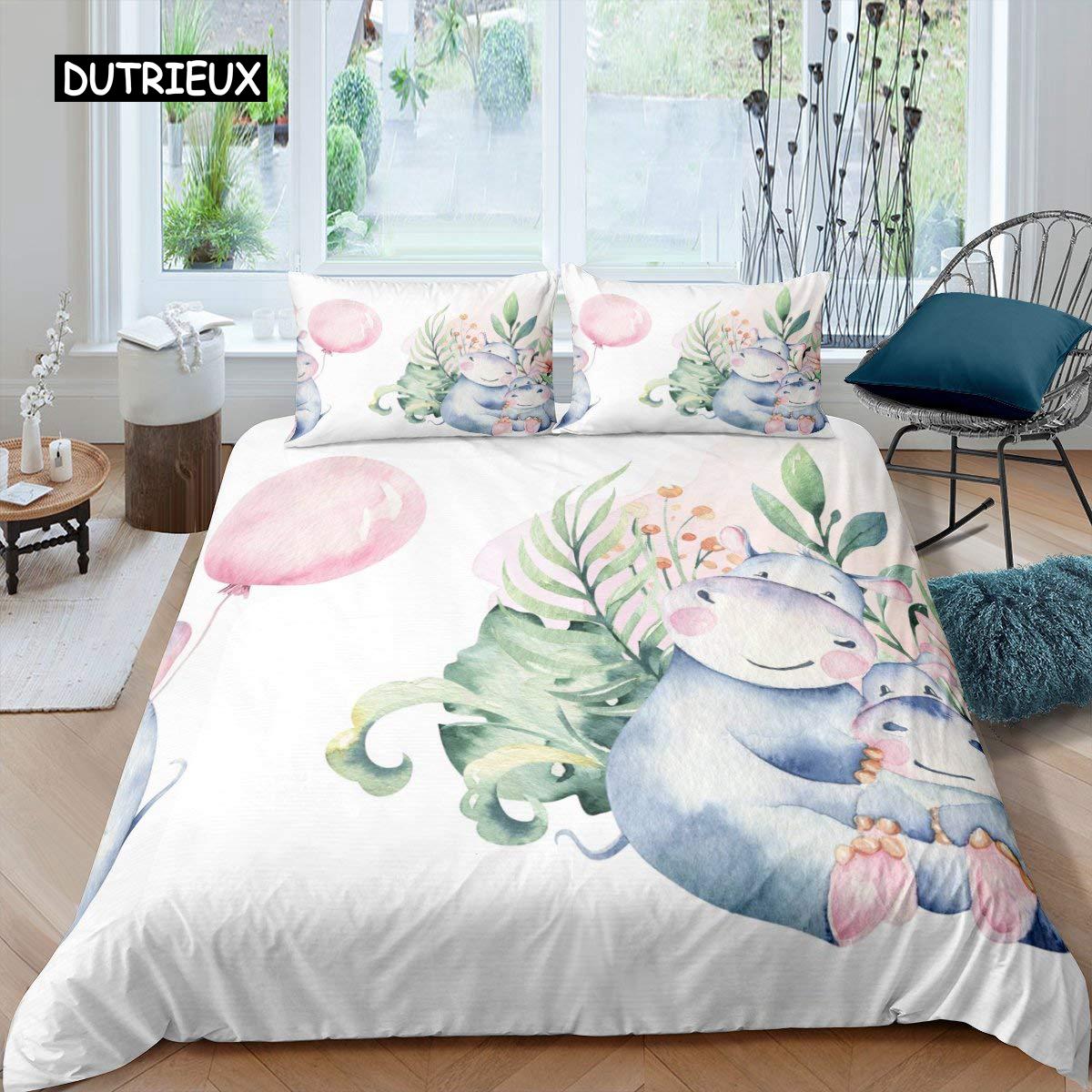 

King Size Hippo Duvet Cover Set Cartoon Hippo with Pink Flower for Kids Wild Animal Polyester Bedding EU single(135x200cm)