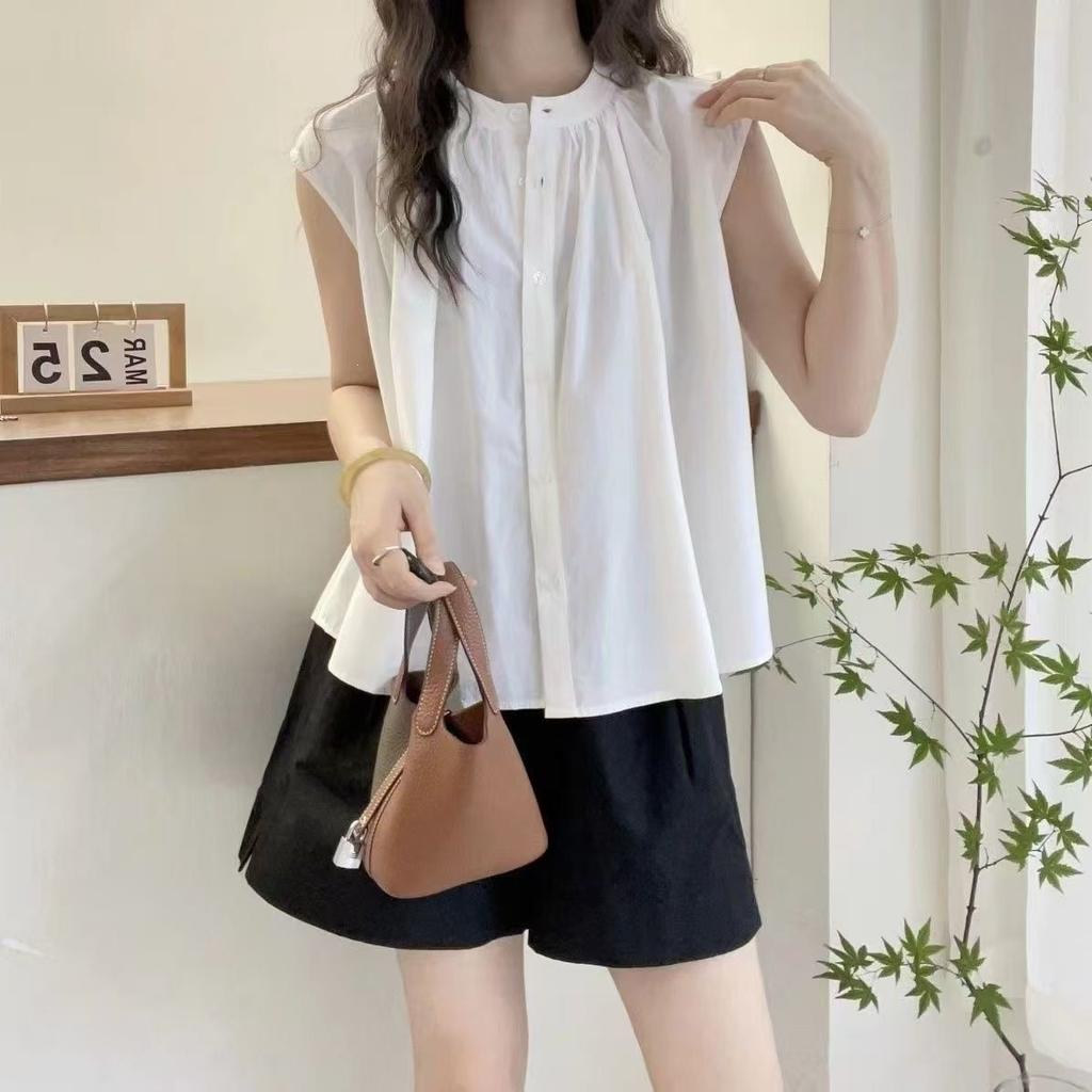 Women Sleeveless Cotton Shirt Stand Collar Single Breasted Loose Tank Blouse Elegant Casual Summer Vest Top