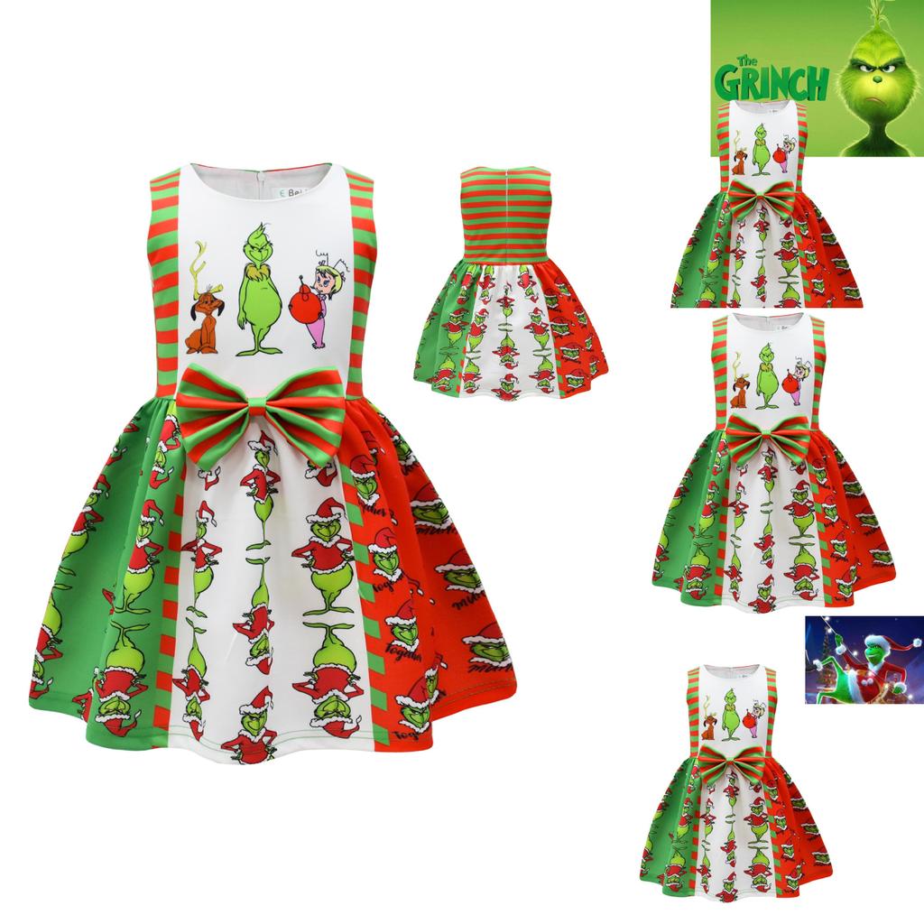 Grinch Halloween Sleeveless Dress For Kids Soft And Comfortable Polyester Material