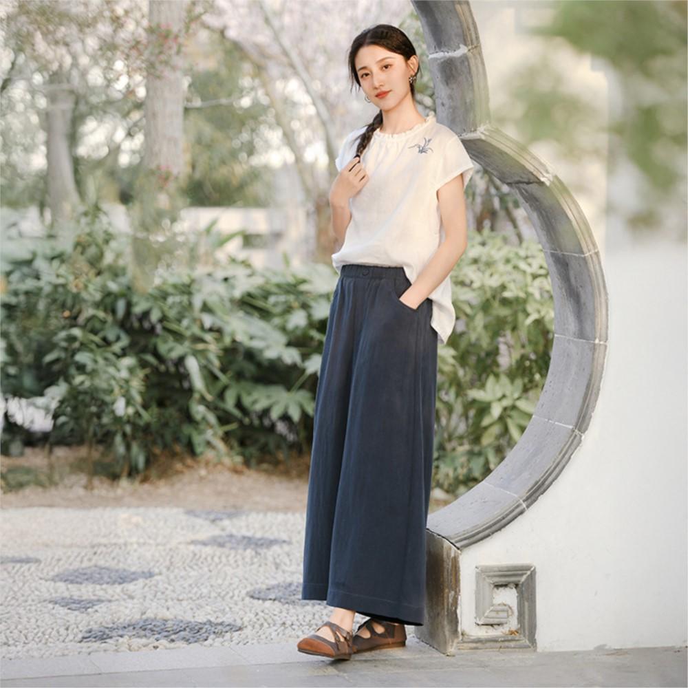 Johnature Women Vintage Wide Leg Pants Summer Chinese Style Elastic Waist Solid Color Trousers Loose Casual Pants