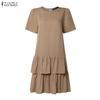 ZANZEA Women Casual Round Neck Summer Short Sleeve Ruffles Dress