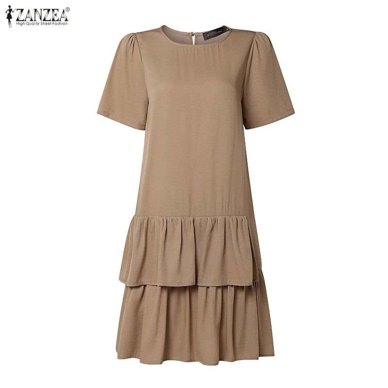ZANZEA Women Casual Round Neck Summer Short Sleeve Ruffles Dress