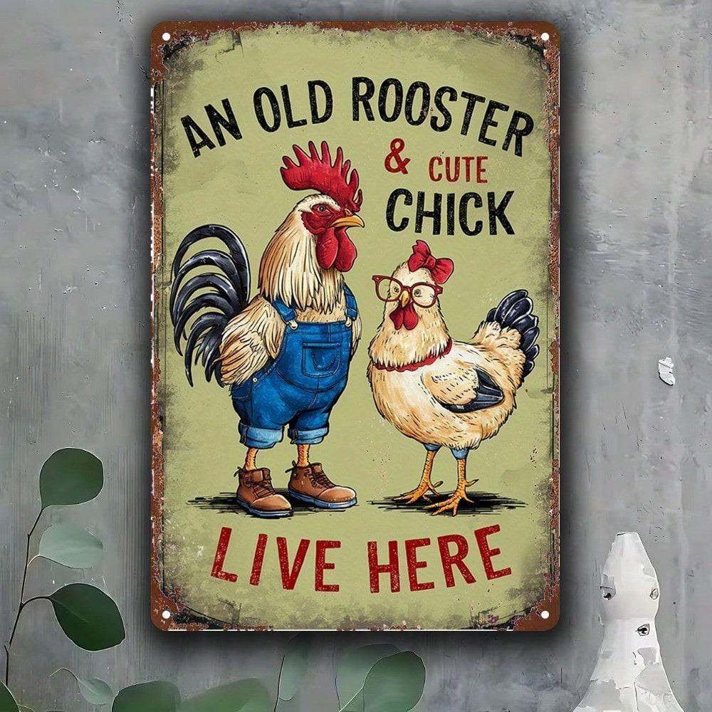 Rustic Chicken Metal Wall Art Sign - 8x12 Inch Vintage Rooster & Hen Iron Plaque, Weather-Resistant Indoor Decor