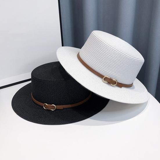Panama Hat Women Men Faux Leather Buckle Straw Sun Hat French Style Flat-Top Style Wide Brim UV Protection Beach Hat