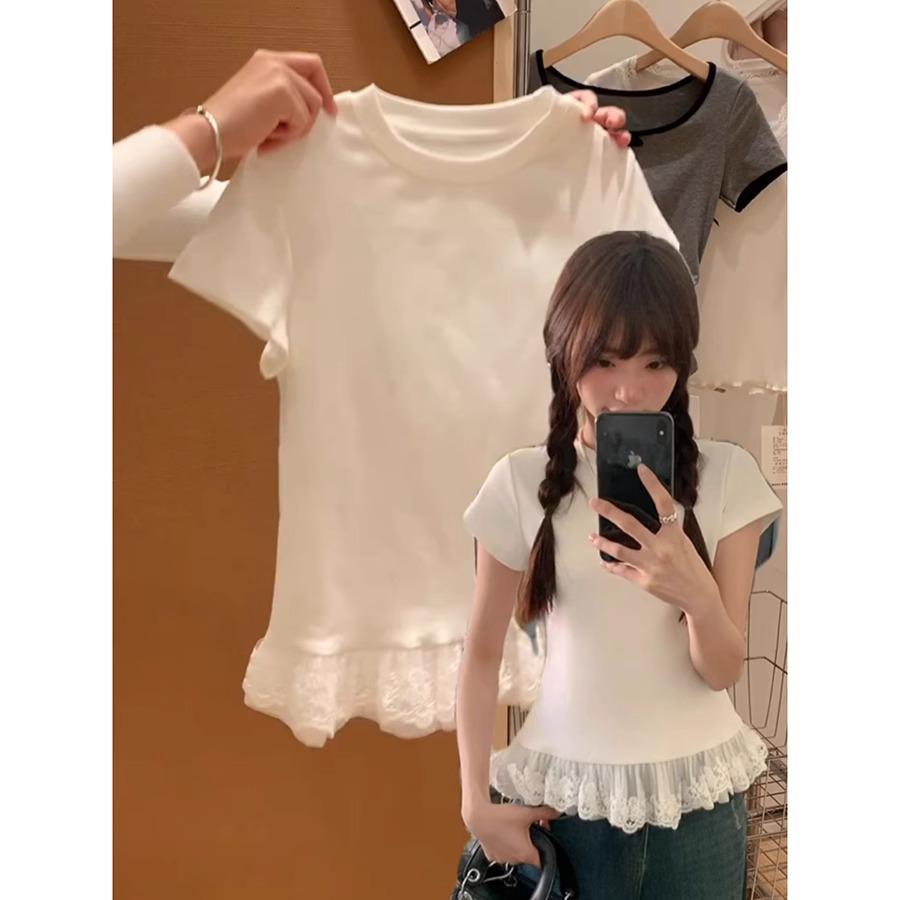

Women s White French Lace Trim Waist-Cinching Summer T-Shirt S