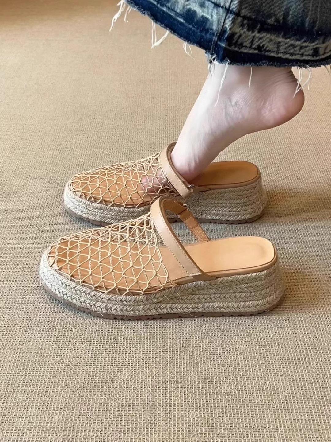 

Версия из овчины~ 5 см праздничный стиль соломенная плетеная сетчатая сумка голова сандалии нишевый повседневный слово с танкеткой толстая подошва крутые тапочки 39