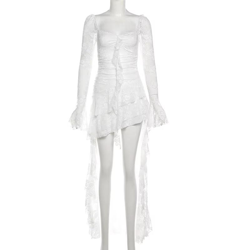 Gotické gotické šaty s dlouhým rukávem a čtvercovým výstřihem do V, sladké dámské šaty s nepravidelným dlouhým lemem a krajkou