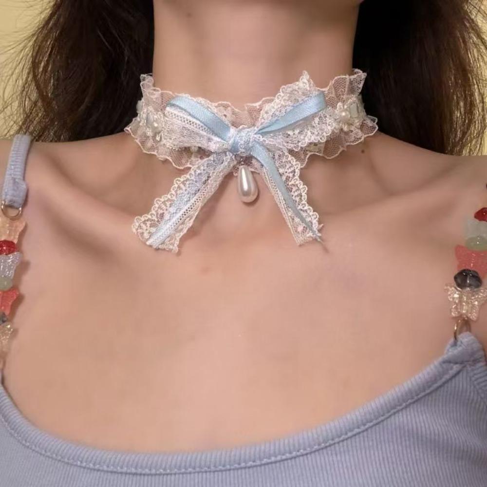 Perlen-Schleifen-Choker Raffinierter Süßer Choker Feminine Spitze Halskette Elegantes Weißes Spitzen-Halsband Für schulterfreie Oberteile Braut-Looks
