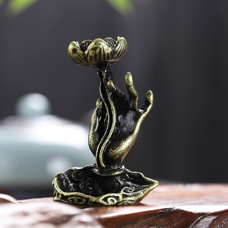 Vintage Buddha Hand Lotus Räuchergefäß Sandelholz Räucherkegel Halter Messing Rückfluss Räucherkegel Halter Ornamente Büro Schreibtisch Heimdekoration