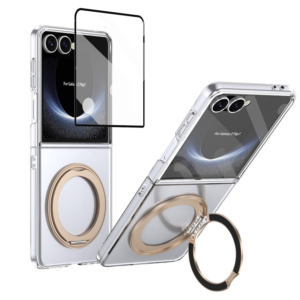 Metal Ring Stand Magetic Case for Samsung Galaxy Z Flip 8 7 6 5 4 with 360 Swivel Bracket Clear Cover Clear Glass Screen Protector