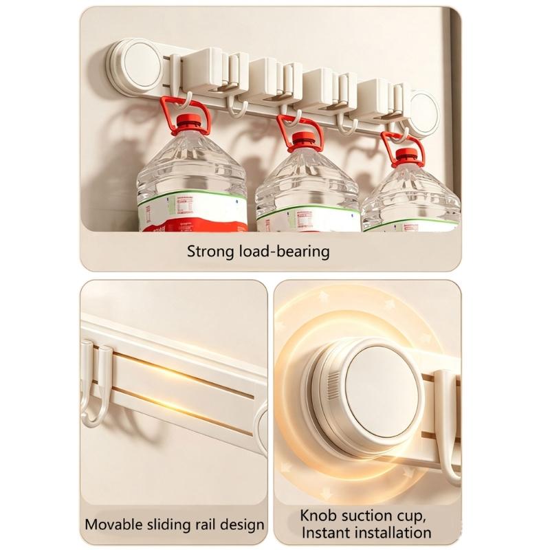Sliding Rail Cleaning Tool Holder, Wall-Mounted Suction Rack with Integrated Hanging Feature for Mops, Glass and Smooth Tile