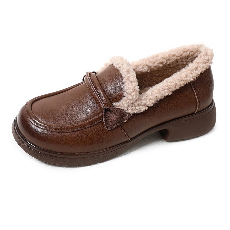 Fashion GKTINOO Women Loafers Genuine Leather with Warm Plush Shoes Square Heels Classic Fashion Winter Leather Shoes Women Big size 42
