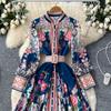 Frühling Herbst Damen Designer Runway Kleid Stehkragen Vintage Print Einreiher Urlaub Party Kleider mit Gürtel