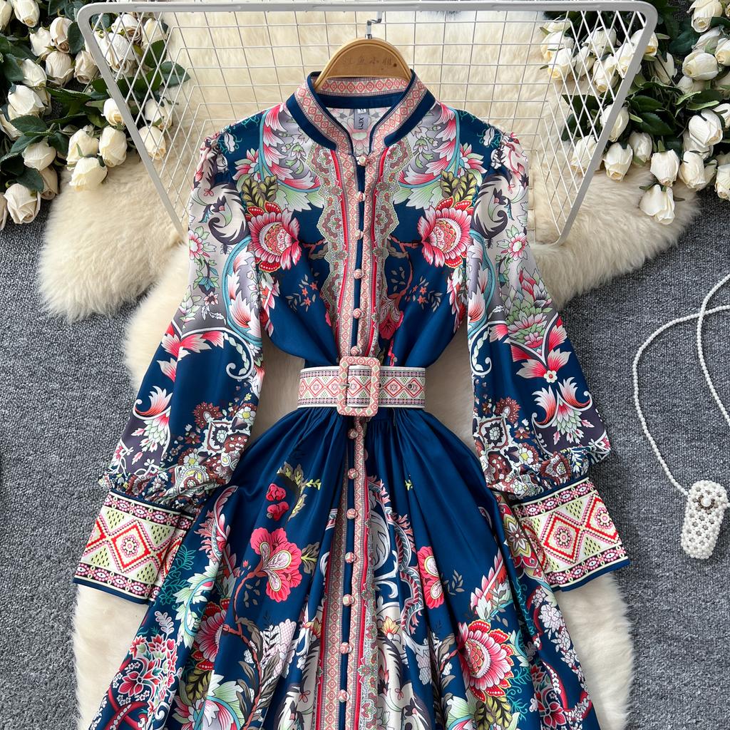 Frühling Herbst Damen Designer Runway Kleid Stehkragen Vintage Print Einreiher Urlaub Party Kleider mit Gürtel