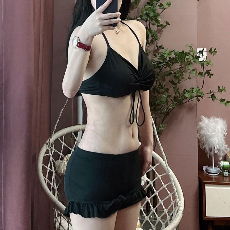 Korean Swimsuit Female Student Sexy Blouse Covers Belly To Show Slimming Split Three-piece Set Conservative Small Chest High Waist Quick-drying