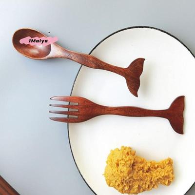 2Pcs Marine Style Solid Wood Nanwood Fishtail Handle Spoon And Fork Set Handmade Pattern Dessert Fruit Salad Fork Tableware