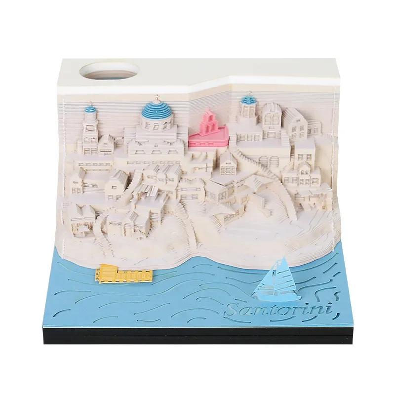 

3D Memo Pad Santorini Beach Calendar Architecture Note Book with Light Creative Gift Paper Carving Note Paper Model Gift Box