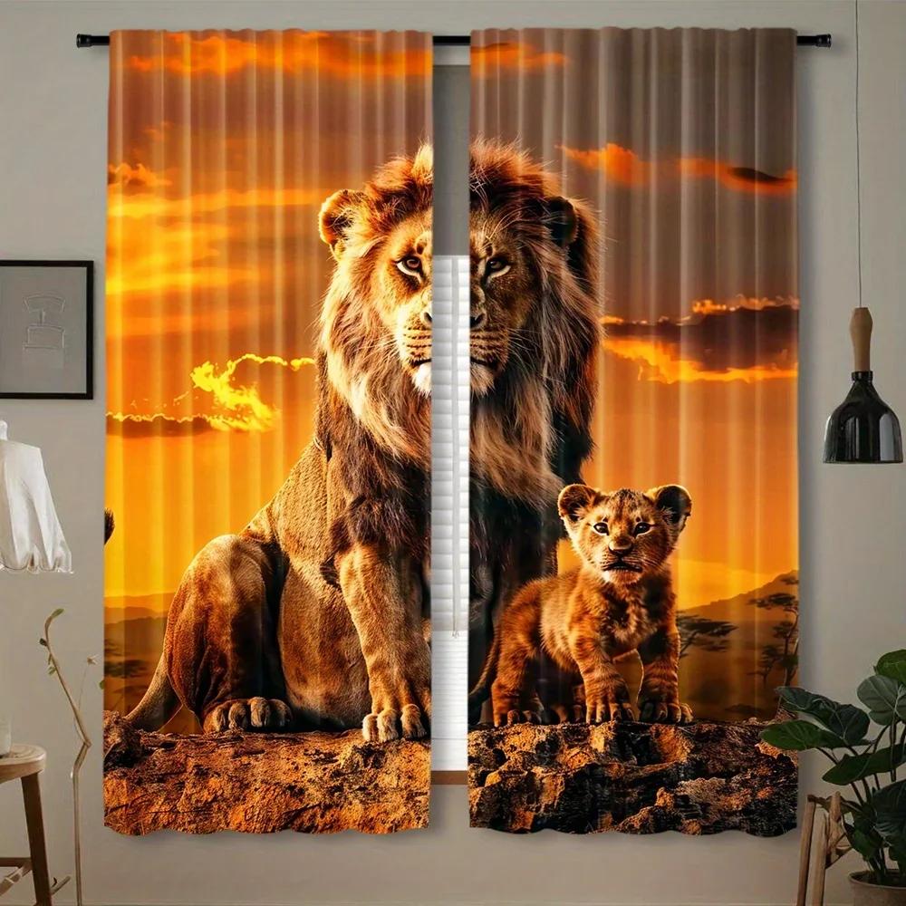 

3D 2 шт. Шторы со львами, африканские дикие животные, оконные шторы, луга, король джунглей, оконные шторы из дерева для спальни, гостиной, ру W65X60H(cm)X2Pcs&Grommet Top