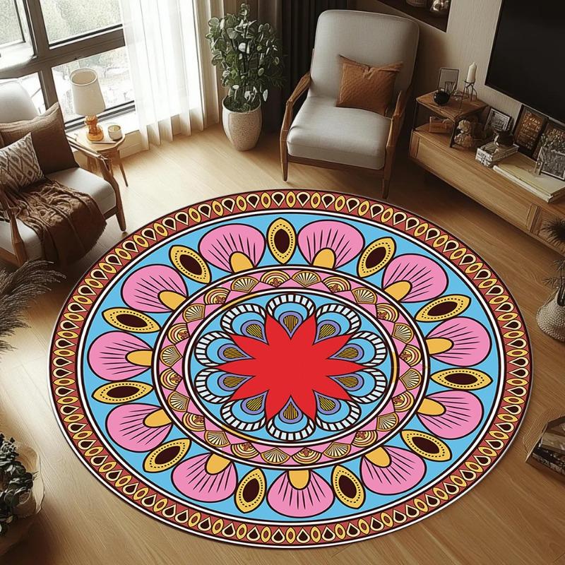 Bohemian Ethnic Style Round Rug Vibrant Geometric Floral Pattern Carpet Soft Non-Slip Circle Mat for Living Room Bedroom