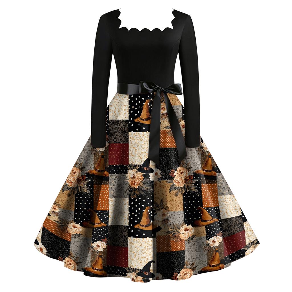 Women's Retro Long Sleeve Square Neck Halloween Print Party Dress