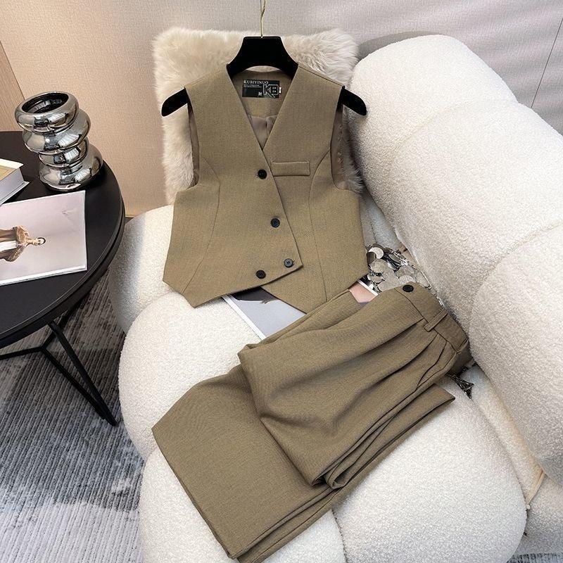 Simple Sleeveless Suit Vest Casual Wide Leg Pants Two-piece Set for Women Elegant Suit Set
