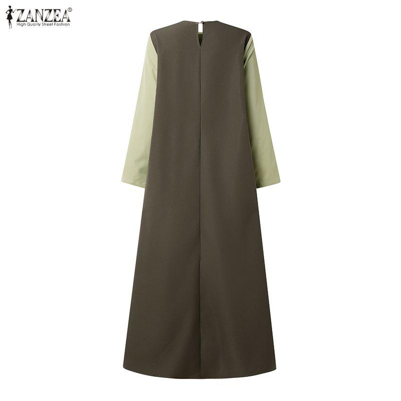 ZANZEA Rochie lungă cu mânecă lungă, lejeră, cu gât rotund, mozaic
