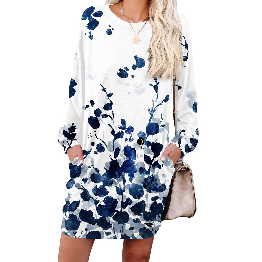 Damen Retro Bedrucktes Modisches Langarm Rundhals Taschenkleid