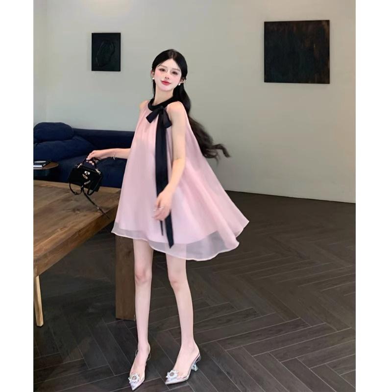 Sweet Temperament Pink Age-reducing Girl Neck Dress Women's Summer Atmosphere Skirt Chic Sleeveless Mesh Skirt