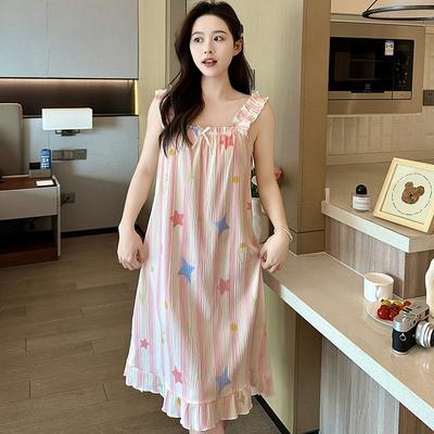 Sommerstreifen Druck Lässig locker Nachthemd Nachtwäsche Damen Sexy O-Ausschnitt Rückenfreies Slipkleid Bequemes Nachthemd Homewear