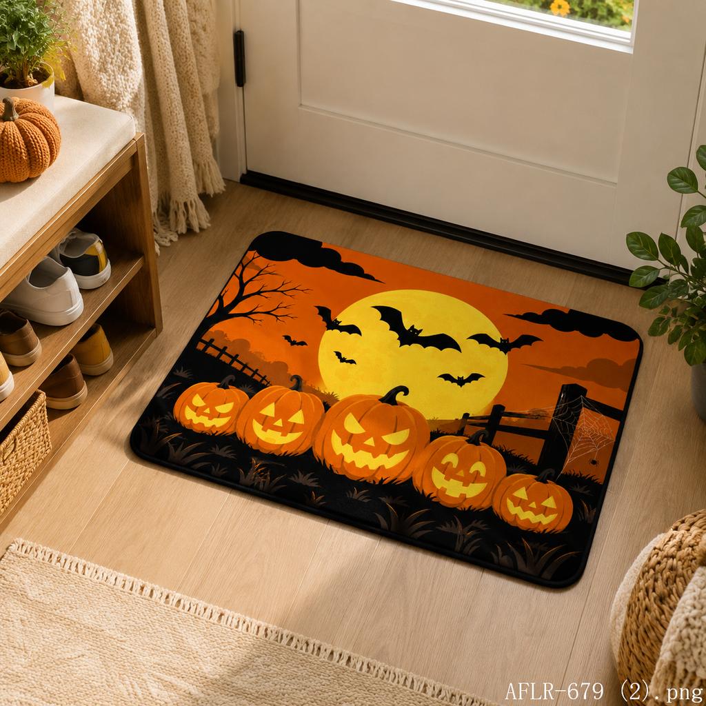 Dead Tree Pumpkin Crescent Moon Halloween Doormat Non Slip Indoor Outdoor Rug Cartoon Spooky Front Entrance Door Mat Rug