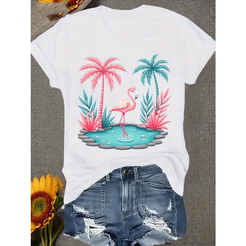 Plus Size Women's Pink Flamingo Tropical Print T-Shirt Crew Neck Short Sleeve Quick Dry Activewear Summer Casual Tee