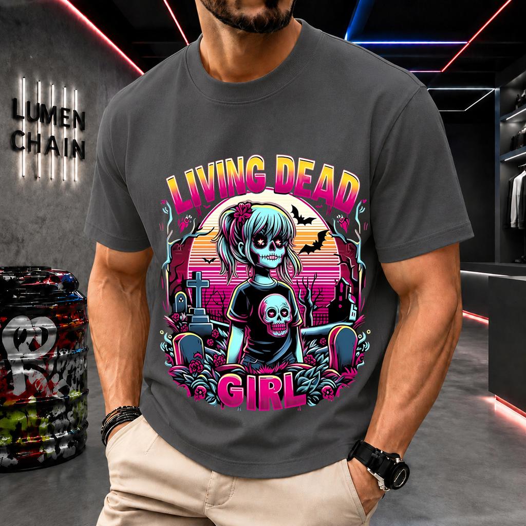 2026 New Pure Cotton Tshirt Living Dead Girl Zombie Neon Print Crew Neck Short Sleeve Street Casual Top