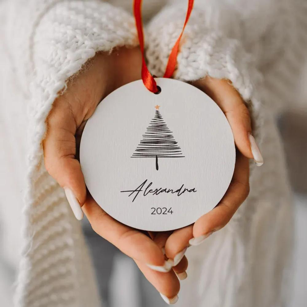Personalized 5Pcs Christmas Tree Wood Ornament Minimalist Tree Baubles Winter Wedding Favors Keepsake Home Hanging Decoration