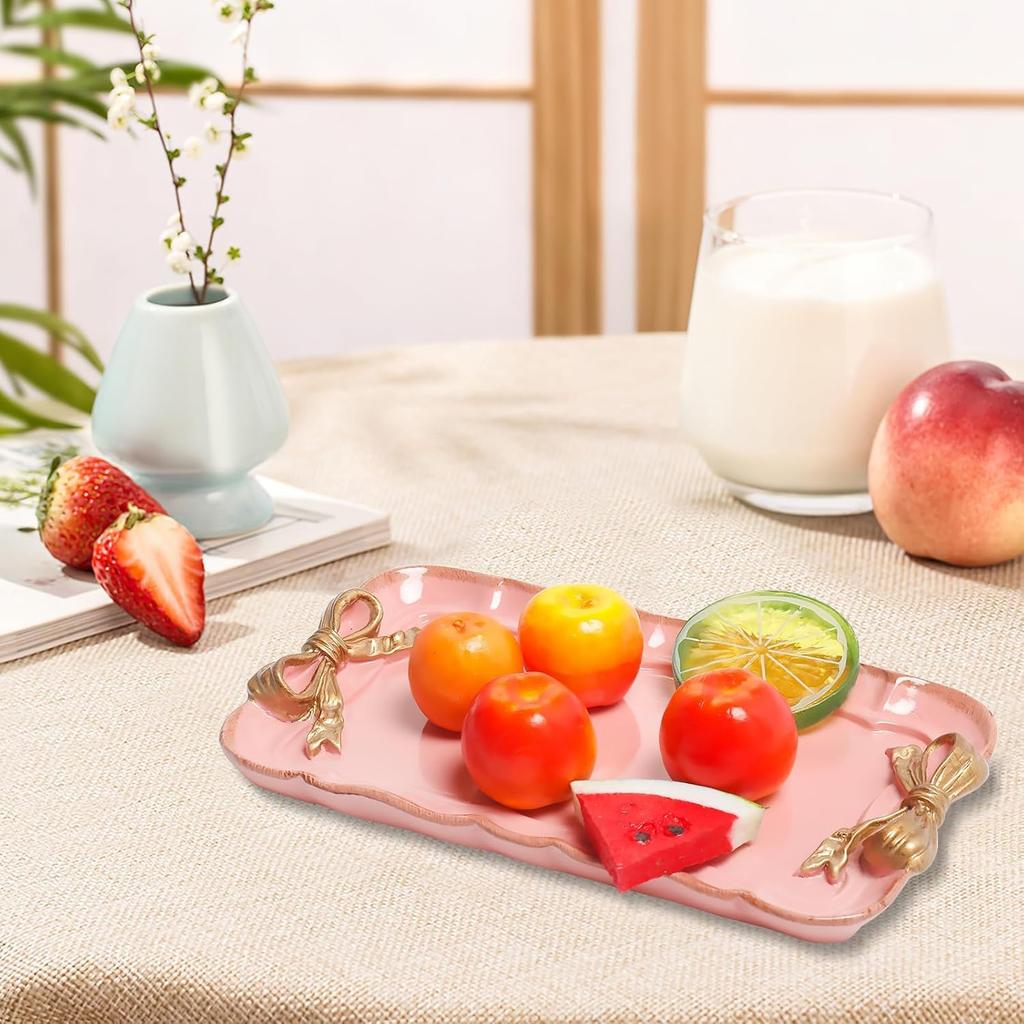 Jewelry Storage Tray Vintage Bow Decorated Resin Plate Snack Dessert Tray Cute Home Bedroom Decor