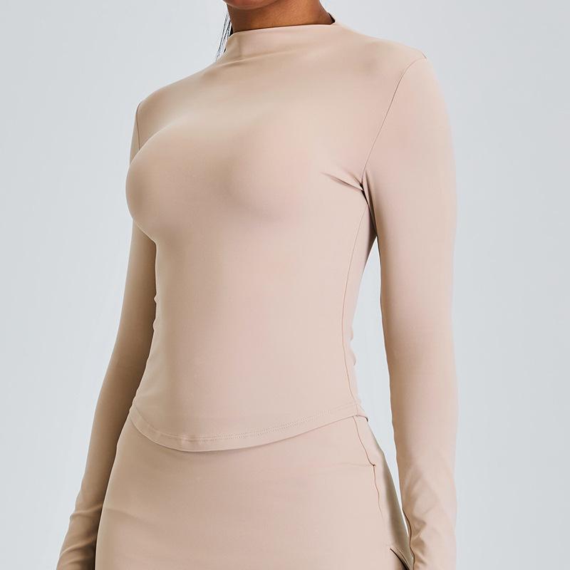 

Новый облегающий женский топ для йоги с премиальным ощущением, спортивная футболка с длинным рукавом и высоким воротом, для бега и фитнеса для ношения на улице M легкие хаки