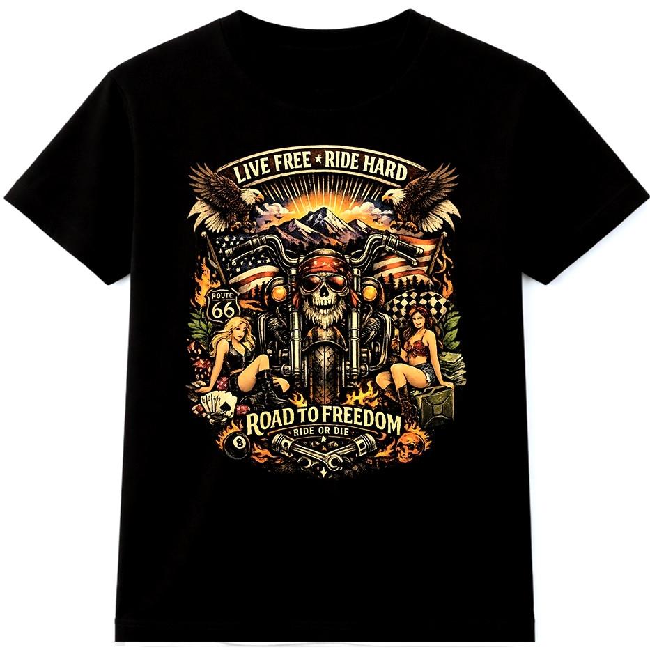 Biker Skull T Shirt Route 66 Motorcycle Vintage Live Free Ride Hard Graphic Tee S разноцветный