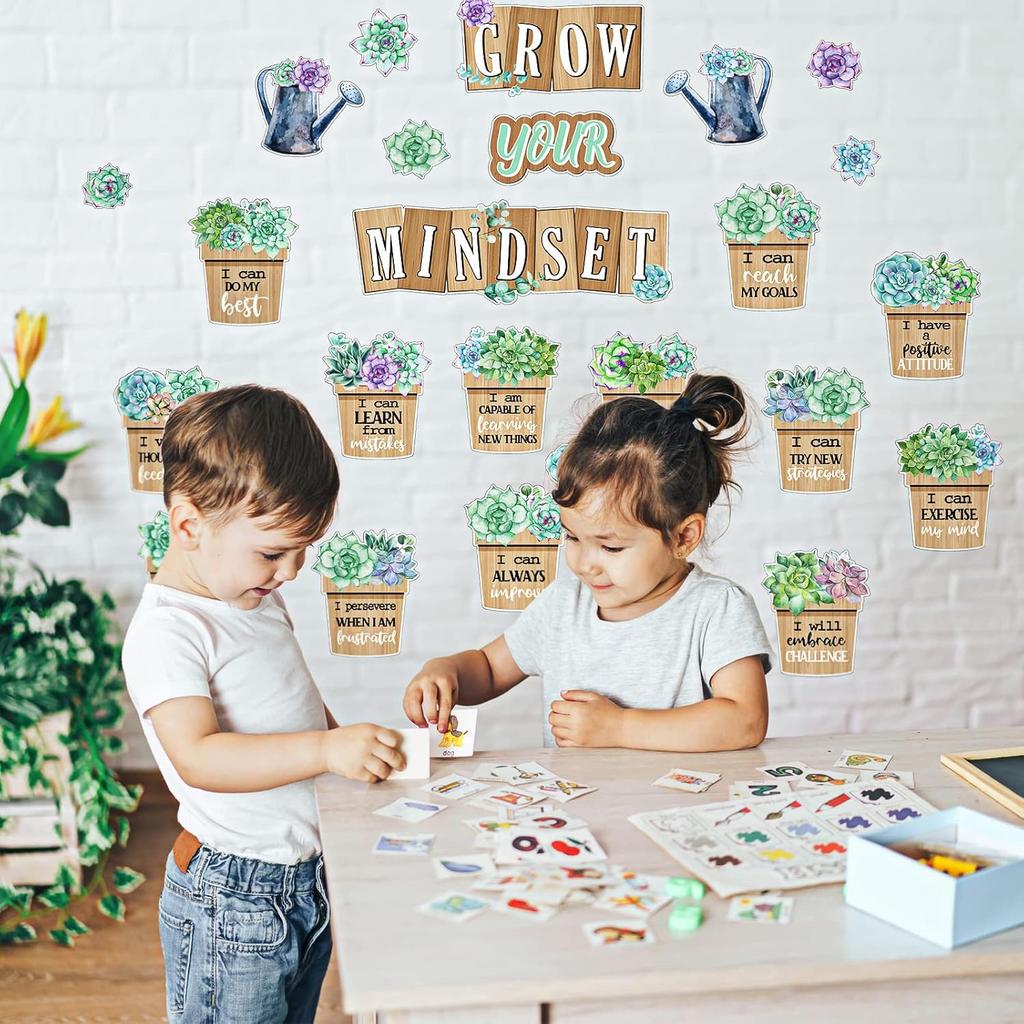 57 Pieces Rustic Bloom Succulents Cutouts Grow Your Mindset Bulletin Board Set Positive Motivational Succulents Potted Cutouts for Classroom School