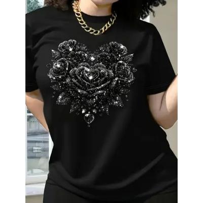 180g Herzförmiges T-Shirt aus der Rosen-Serie | Kurzärmelig, Rundhals, Lässiges Oberteil für Damen, Ideal für Sommer und Frühling