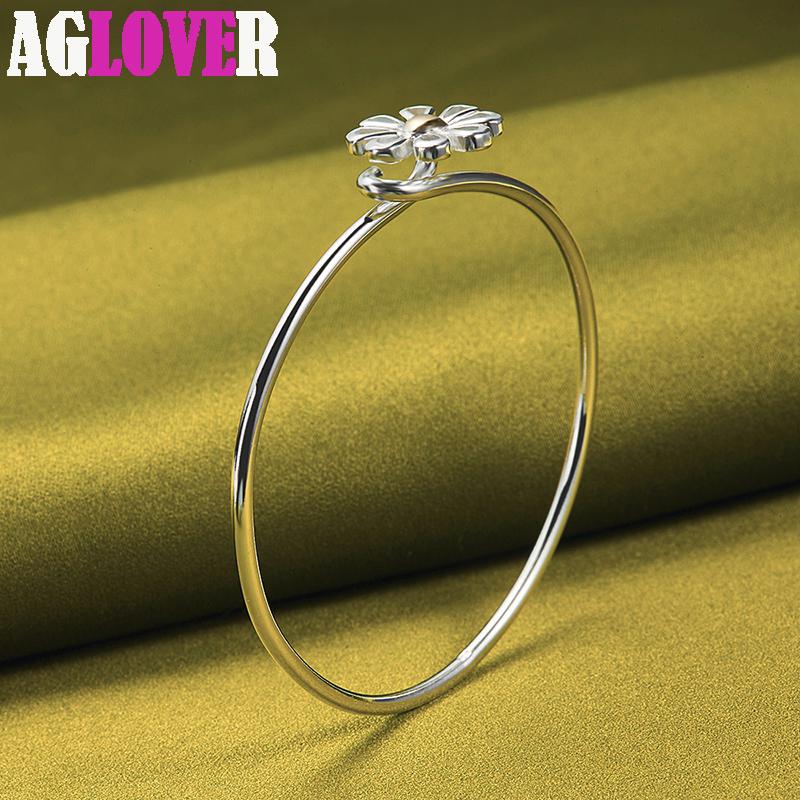 925 Sterling Silver Gold Flower Bangle Bracelet Jewelry