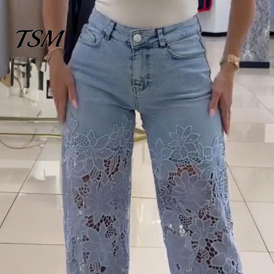 Jeans Versatili da Donna Patchwork di Pizzo da Donna Borsa Casual Ampia Gamba Dritta Larga Spandex per Pantaloni in Denim Vita Media Floreale Traforato Flessibile