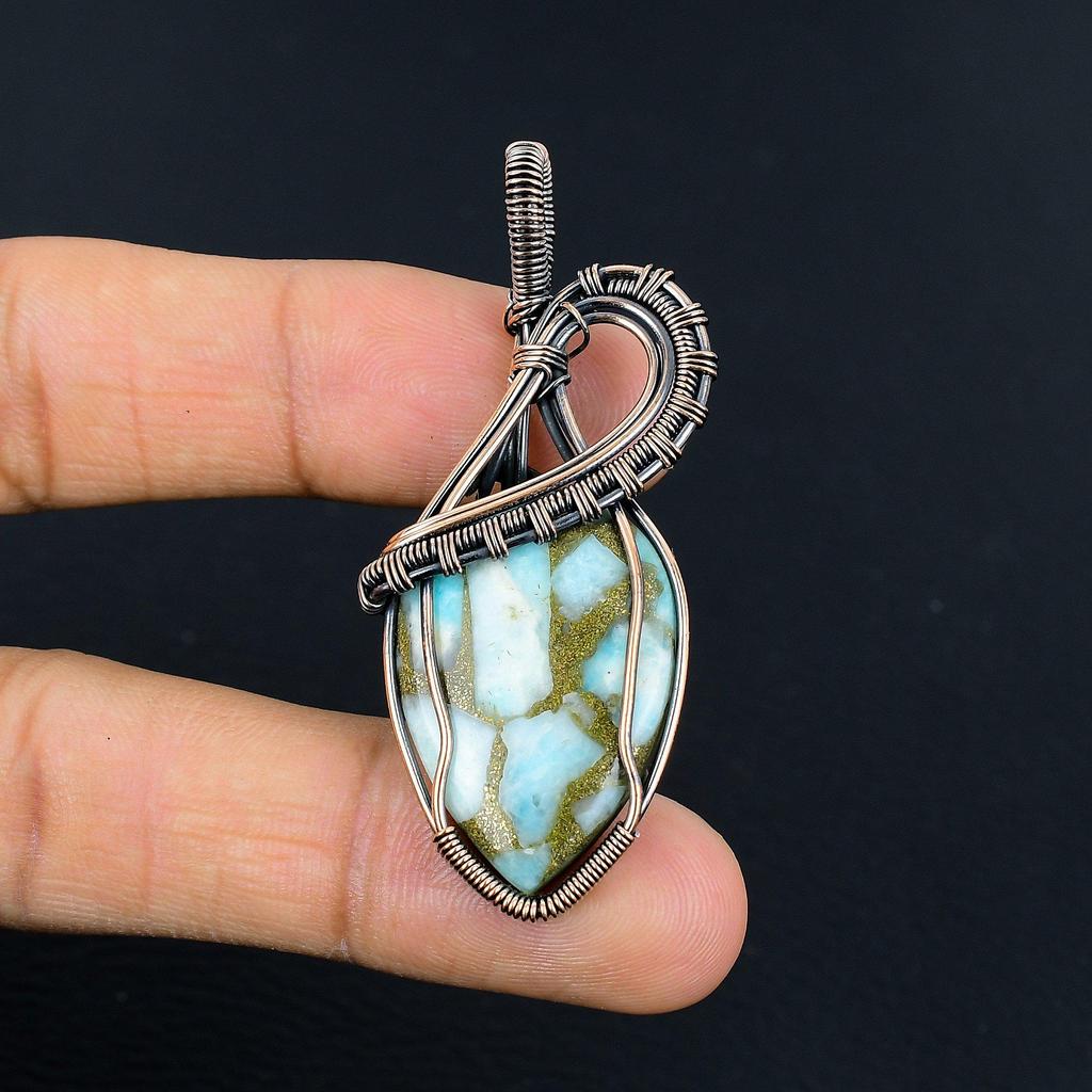 Copper Larimar Pendant Gemstone Handmade Jewelry, 999 Copper Wire Wrapped Pendant, Gift For Wife Jewelry