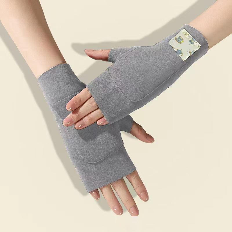 1 Pair Warm Women Fingerless Gloves Soft Solid Color Half Finger Gloves Touch Screen Velvet Mittens Winter Pocket Design